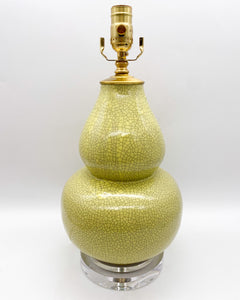 lamps, lamps store, lighting store, Dallas lampshade store, Dallas lamps, interior design Dallas, lampshade store, lampshades Dallas, clear acrylic, acrylic base, yellow lamp, crackle glaze, aged yellow, double gourd lamp, warm yellow, fine crackle glaze, Asian-inspired, acrylic base