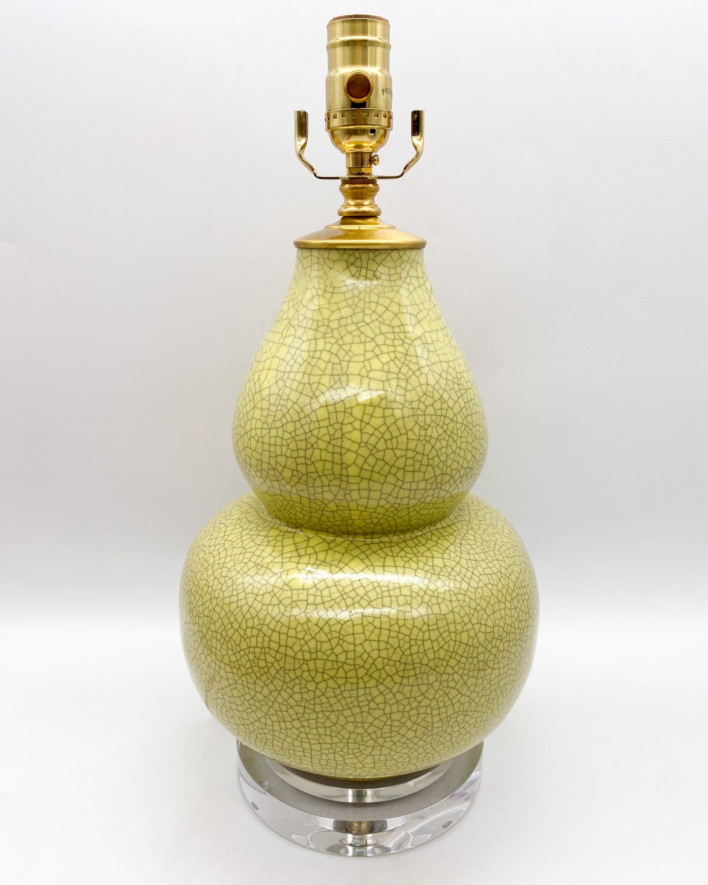 lamps, lamps store, lighting store, Dallas lampshade store, Dallas lamps, interior design Dallas, lampshade store, lampshades Dallas, clear acrylic, acrylic base, yellow lamp, crackle glaze, aged yellow, double gourd lamp, warm yellow, fine crackle glaze, Asian-inspired, acrylic base