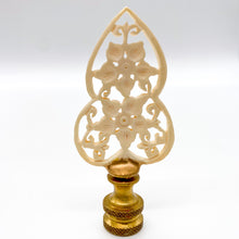 Load image into Gallery viewer, carved floral lamp finial, ivory openwork finial with flower design, delicate carved flower finial for lamp, lace style floral finial with brass base, decorative ivory finial with open cut detail, vintage style floral lamp finial, intricate carved flower finial topper, feminine ivory finial with scrollwork design, ornamental floral finial for lighting decor, detailed openwork flower finial