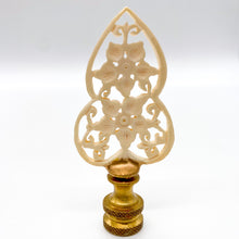 Load image into Gallery viewer, carved floral lamp finial, ivory openwork finial with flower design, delicate carved flower finial for lamp, lace style floral finial with brass base, decorative ivory finial with open cut detail, vintage style floral lamp finial, intricate carved flower finial topper, feminine ivory finial with scrollwork design, ornamental floral finial for lighting decor, detailed openwork flower finial