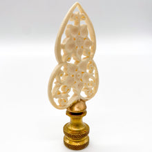 Load image into Gallery viewer, carved floral lamp finial, ivory openwork finial with flower design, delicate carved flower finial for lamp, lace style floral finial with brass base, decorative ivory finial with open cut detail, vintage style floral lamp finial, intricate carved flower finial topper, feminine ivory finial with scrollwork design, ornamental floral finial for lighting decor, detailed openwork flower finial