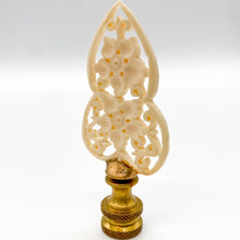 Load image into Gallery viewer, carved floral lamp finial, ivory openwork finial with flower design, delicate carved flower finial for lamp, lace style floral finial with brass base, decorative ivory finial with open cut detail, vintage style floral lamp finial, intricate carved flower finial topper, feminine ivory finial with scrollwork design, ornamental floral finial for lighting decor, detailed openwork flower finial