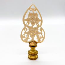 Load image into Gallery viewer, carved floral lamp finial, ivory openwork finial with flower design, delicate carved flower finial for lamp, lace style floral finial with brass base, decorative ivory finial with open cut detail, vintage style floral lamp finial, intricate carved flower finial topper, feminine ivory finial with scrollwork design, ornamental floral finial for lighting decor, detailed openwork flower finial