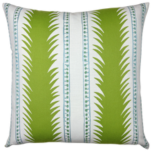 Load image into Gallery viewer, A square decorative throw pillow featuring a bold pattern of vertical lime green and white stripes with blue-green geometric border details, coastal pillow, palm pillow, pillow with green and blue 