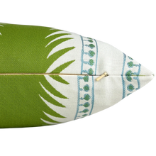 Load image into Gallery viewer, A square decorative throw pillow featuring a bold pattern of vertical lime green and white stripes with blue-green geometric border details, coastal pillow, palm pillow, pillow with green and blue 