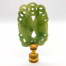 Load image into Gallery viewer, green carved lamp finial, openwork green finial with cutout design, carved green decorative finial with brass base, vintage style green lamp finial, intricate carved green finial topper, pierced green finial for table lamp, textured green lamp finial detail, ornamental green finial for lighting decor, unique carved green finial with pattern, statement green finial with openwork design