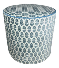 Load image into Gallery viewer, French blue botanical pattern on white background removable slipcover ottoman with light french blue velvety piping cylindrical ottoman