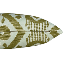 Load image into Gallery viewer, A close-up of a decorative throw pillow featuring an olive green and cream ikat pattern, shown against a plain white background.