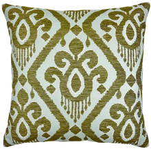 Load image into Gallery viewer, A square decorative throw pillow featuring an ikat-style woven pattern in olive green and off-white.