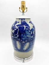 Load image into Gallery viewer, Blue/White-Bird-W/-Floral-Motif-Table-Lamp.-(16.5 -tall-to-harp-saddle)