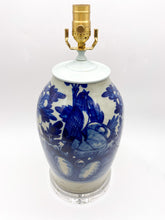 Load image into Gallery viewer, Blue/White-Bird-W/-Floral-Motif-Table-Lamp.-(16.5 -tall-to-harp-saddle)