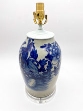 Load image into Gallery viewer, Blue/White-Bird-W/-Floral-Motif-Table-Lamp.-(16.5 -tall-to-harp-saddle)