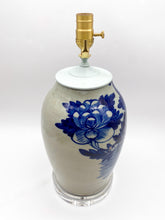 Load image into Gallery viewer, Blue/White-Bird-W/-Floral-Motif-Table-Lamp.-(16.5 -tall-to-harp-saddle)