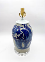 Load image into Gallery viewer, Blue/White-Bird-W/-Floral-Motif-Table-Lamp.-(16.5 -tall-to-harp-saddle)